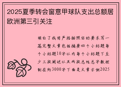 2025夏季转会窗意甲球队支出总额居欧洲第三引关注